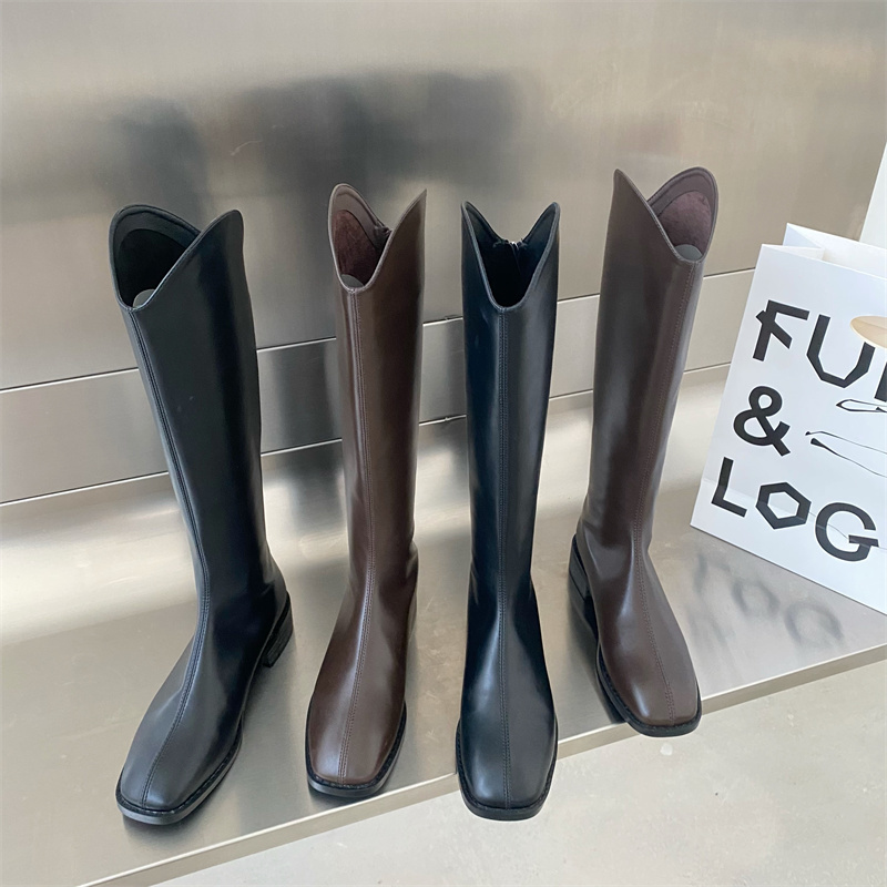Women's Boots Spring And Autumn Korean Coffee Western Cowboy Boots With Square Head Below The Knee Boots With Thick Heels