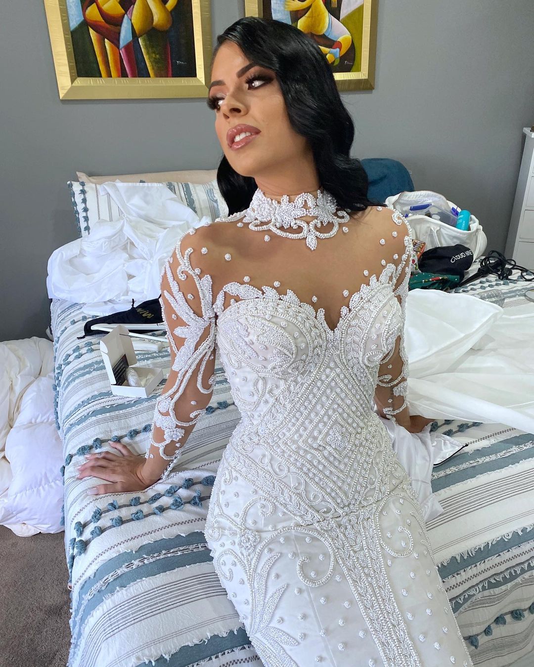 3D Floral Mermaid Wedding Dress 2022 Long Sleeve Sheer High Neck Sexy Backless Boho Dresses Bridal Gowns Robe De Mariage Vestido Novia