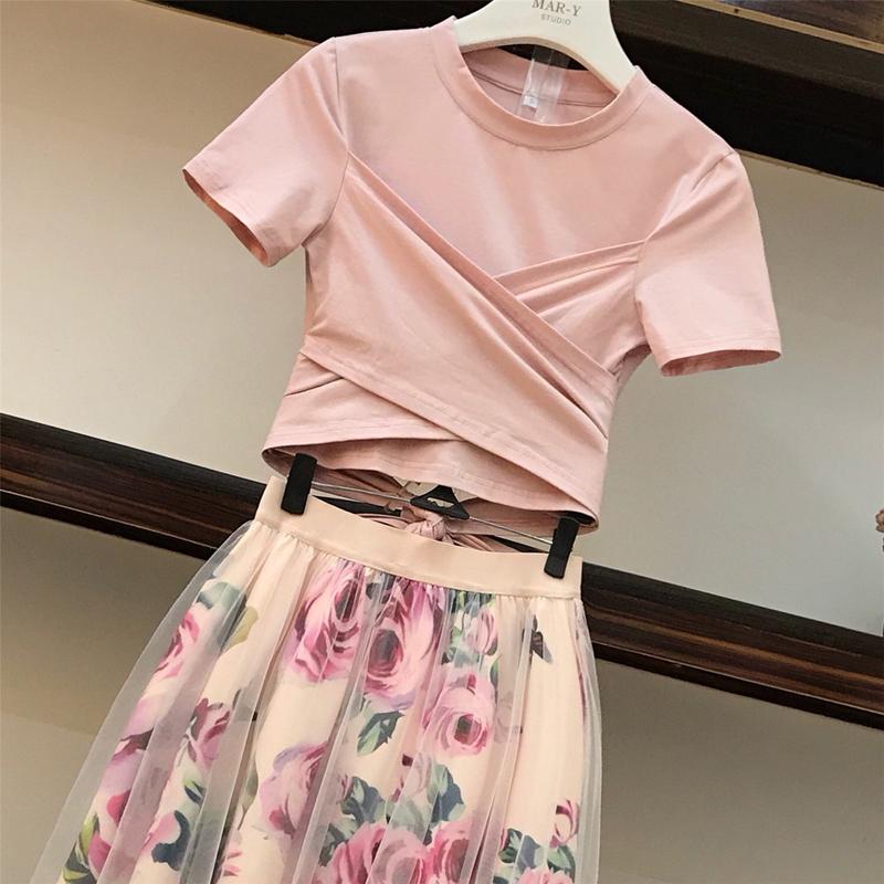 Skirts High Quality Women Irregular T-Shirt Mesh Long Skirt Suits Bowknot Solid Top Vintage Floral Sets Elegant Woman 2 Piece Set