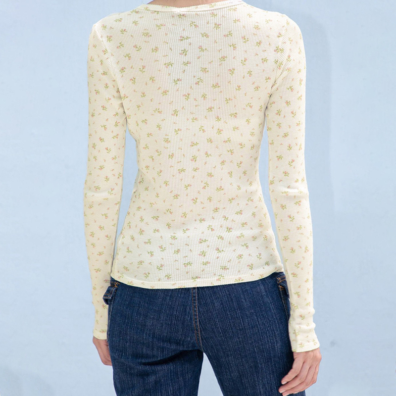 Floral Print Slim T-shirt Women Summer Casual Soft Round Neck Long Sleeve Tee Shirt Female Vintage Chic Boho Waffle Tops 220328