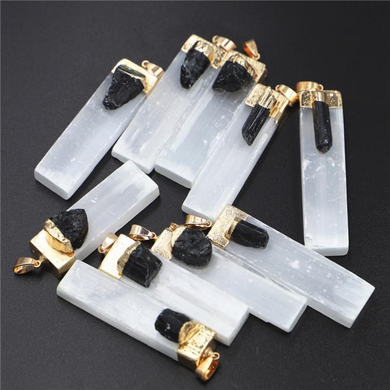 Pendant Necklaces Natural Selenite Plaster Black Tourmaline Pendants Rock Mineral Specimen Jewelry Reiki Healing Energy Charms DIY