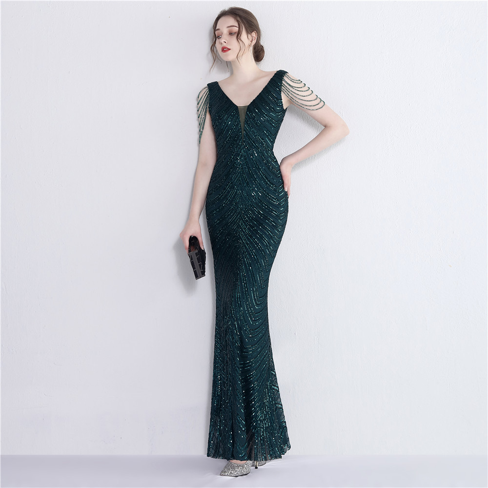 Luxury Dark Green Rose Gold Evening Dress Elegant V Neck Mermaid Sequined Prom Dress For Black Girls Backless Formal Party Gown Burgundy Beaded Tassel