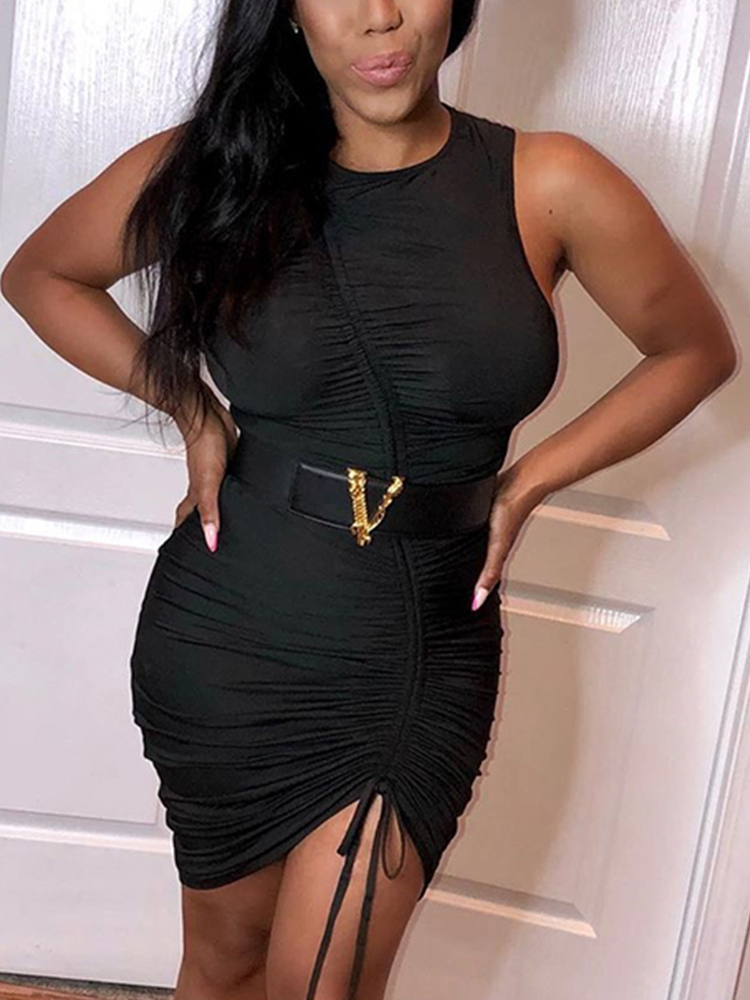 Asia Sleevelss Women Dress Sexy Slash Drawstring Ruched Bodycon Dress Elegant Can Adjust Length Summer Mini Dress Black 220511