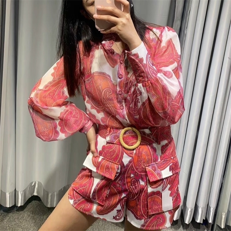 Fashion Women Clothes Red Print 2 Piece Sets Long Sleeve Stand Collar Blouse and Shorts with Sash Cottom Linen T200716