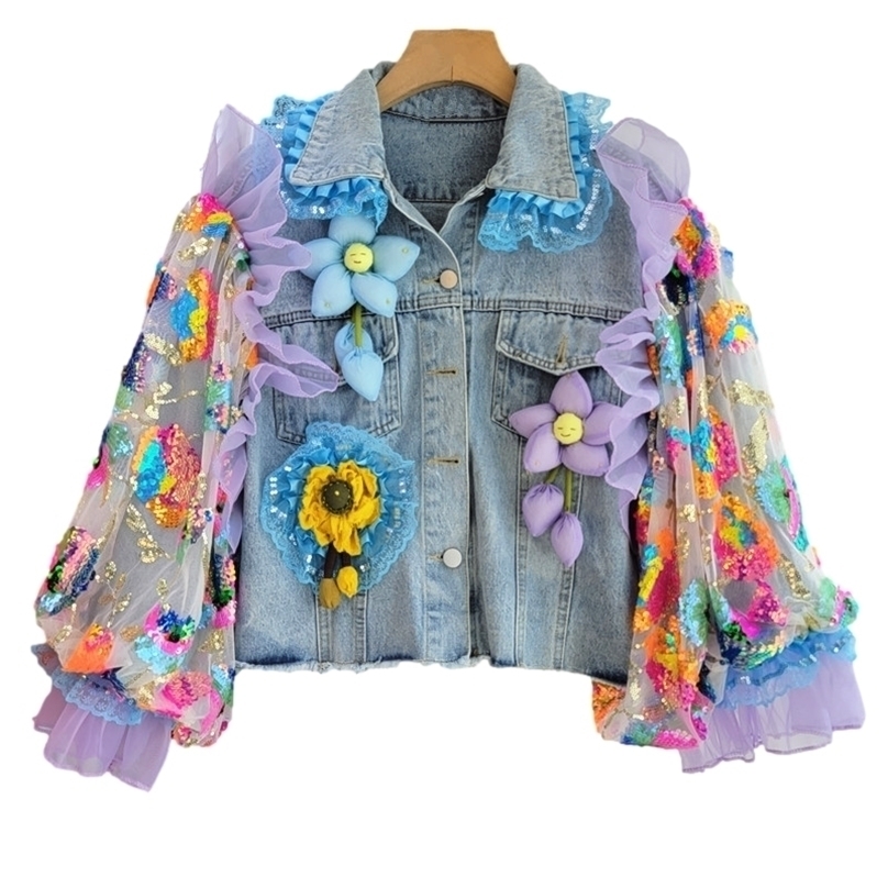 Fashion Applique Denim Jacket Coat Women Korean Loose Short Cowboy Outerwear Sequins Mesh Sleeve Jeans Female Streetwear 220815, Blue
Fashion Applique Denim Jacket Coat Women Korean Loose Short Cowboy Outerwear Sequins Mesh Sleeve Jeans Female Streetwear 220815, Blue