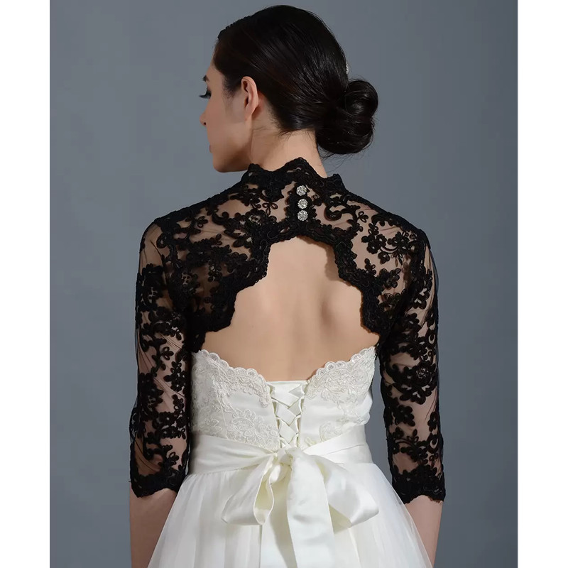 Vintage Black Lace Wedding Bridal Bolero Jacket Cap Wrap Shrug Custom Satin Half Sleeve Front Open Jackets for Wedding Dress