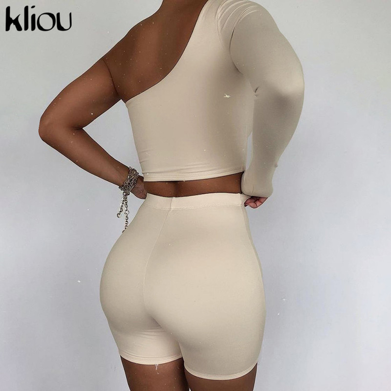 Kliou Solid Asymmetrical Two Piece Sets Women Tracksuit Crop Tops+Elastic Bike Shorts Sporty Matching Suits Casual Female Outfit 220509