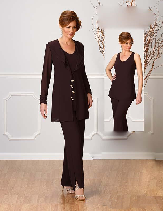 Brown Ursula Chiffon Pants Suits For Mother Of The Bride Scoop Neckline Dresses Party Evening For Wedding Mothers Guest Dress