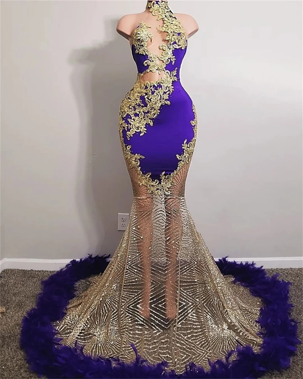 Purple Gold Mermaid Prom Dresses 2022 Black Girls African Women Evening Party dress Wear Formal Feathers robe de soiree femme