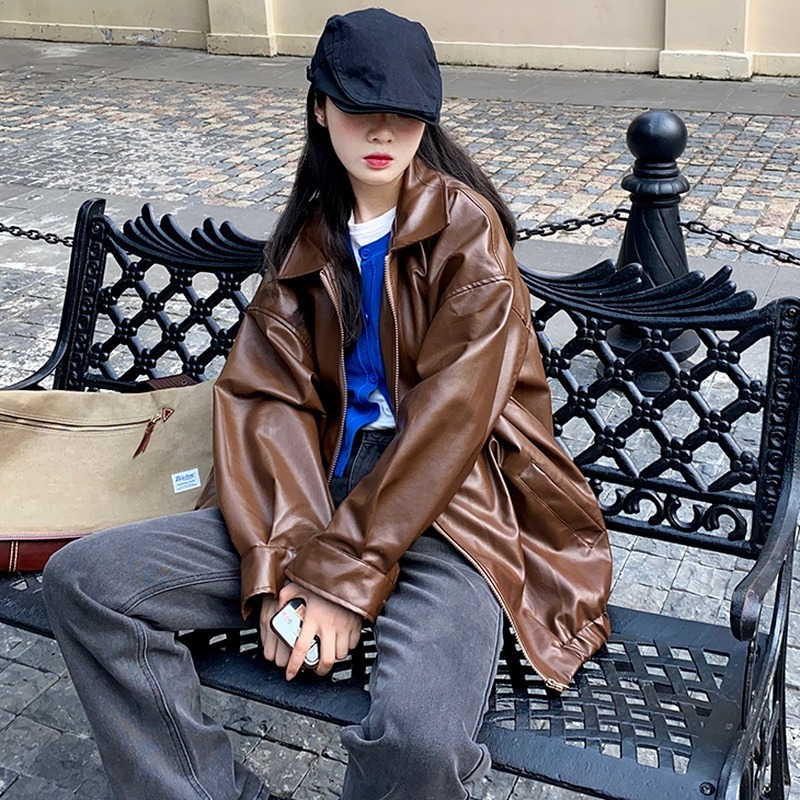 Korean Black Leather Jacket Women Winter Long Women s Moto Biker Zipper Streetwear Harajuku Y2K Loose Coat 220810