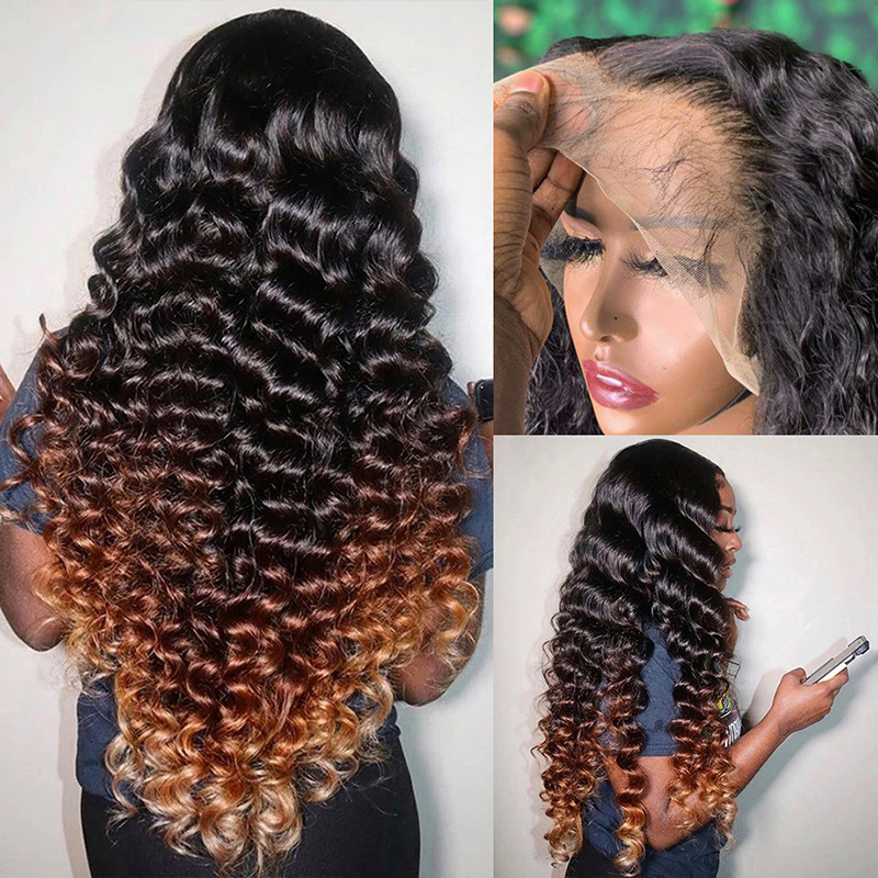 Brazilian Human Hair 13X4 Lace Front Wig 1B/4/30 Ombre Three Tone Color Peruvian Malaysian Indian Loose Deep 150% 180% 210% Density