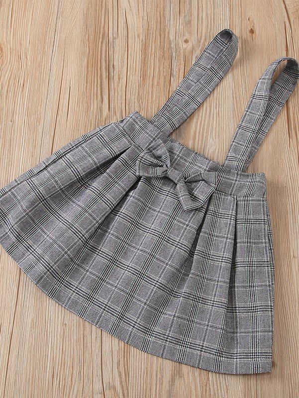 Toddler Girls Rib-Knit Tee & Plaid Bow Front Pinafore Skirt Set SHE