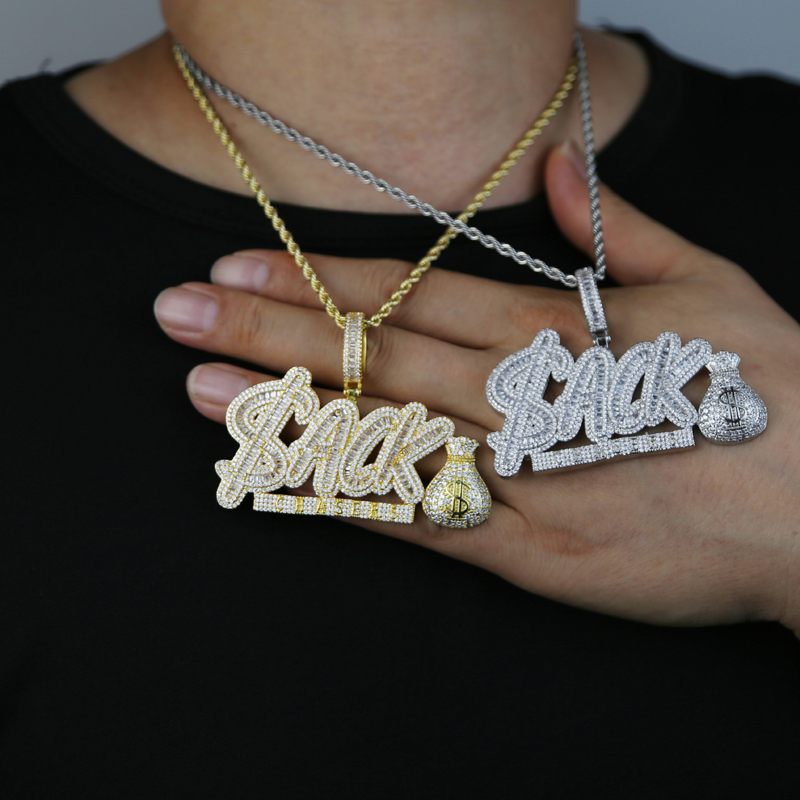 Iced Out Money Bag CZ Letter ACK Pendant Necklaces for Men Women Bling Cubic Zirconia Paved Charm Rapper Hip Hop Jewelry