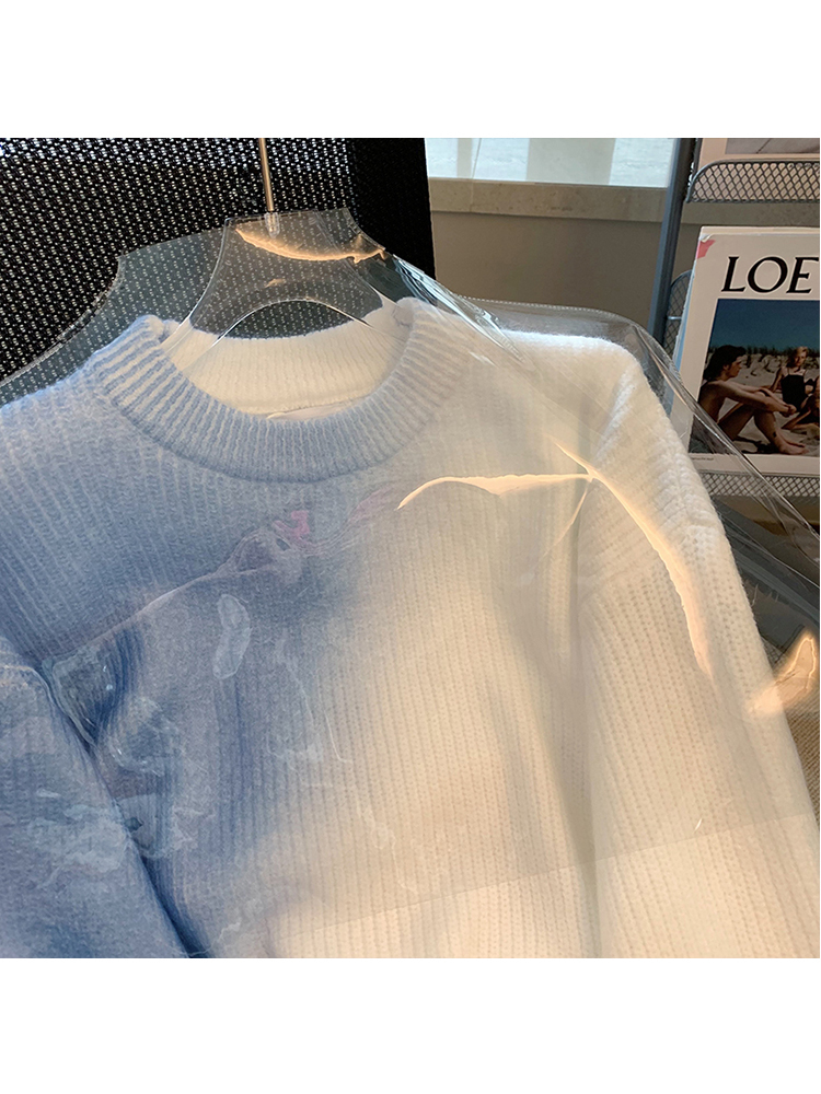 Women Autumn Winter Crewneck Blue White Gradient Knitwear Sweatshirts Loose Long Sleeve Vintage Knitted Pullover Sweater 220817