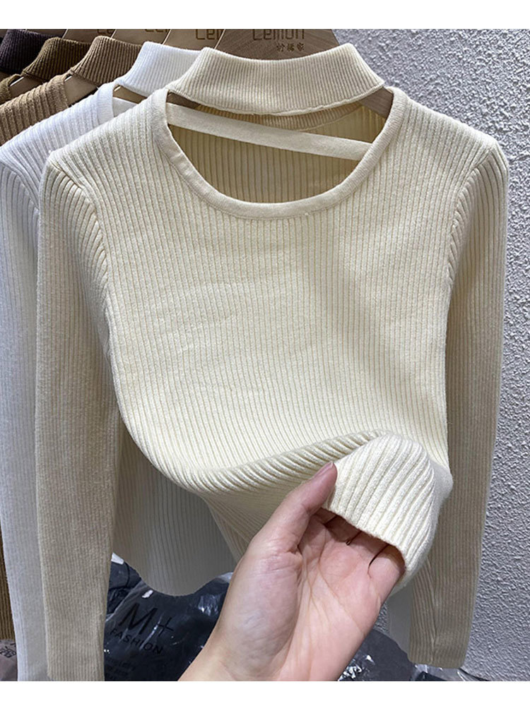 White Black Women's Sweater Half Neck Hollow Out Korean Clothes Long Sleeve Top Slim V Neck Knit Sweaters Pullover Jumper Sweter 220816, Apricot