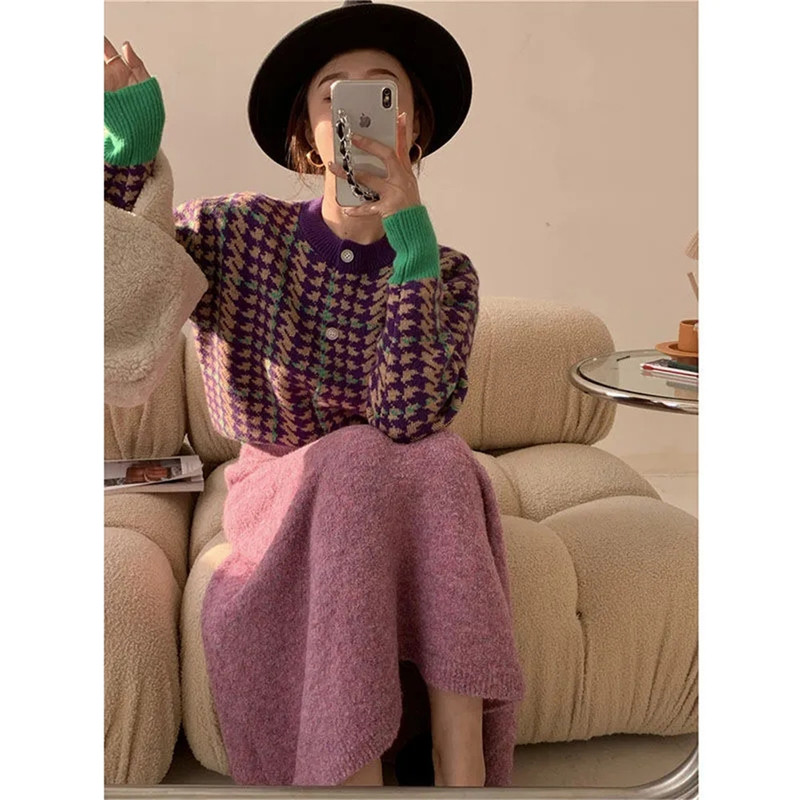 Sweet Pink Vintage Japanese Skirt Women Knit High Waist A Line Soft Casual Elegant Skirts sweater Autumn Winter Fashion Saia 220317