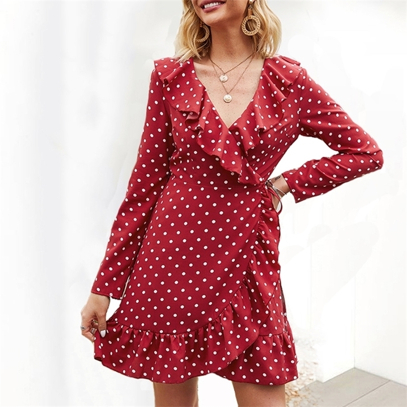 Fashion retro Polka dot long sleeve ruffled print Vneck dress womens mini dress Summer sexy beach short dress vestidos T200613