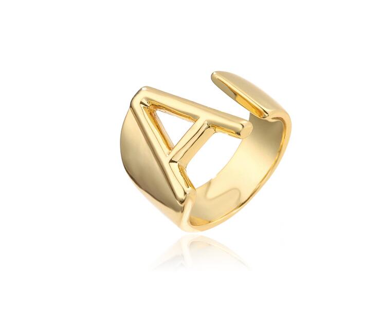 Hollow A-Z Letter Gold Color Metal Adjustable Opening Ring Initials Name Alphabet Female Party Chunky Wide Trendy Jewelry GC887