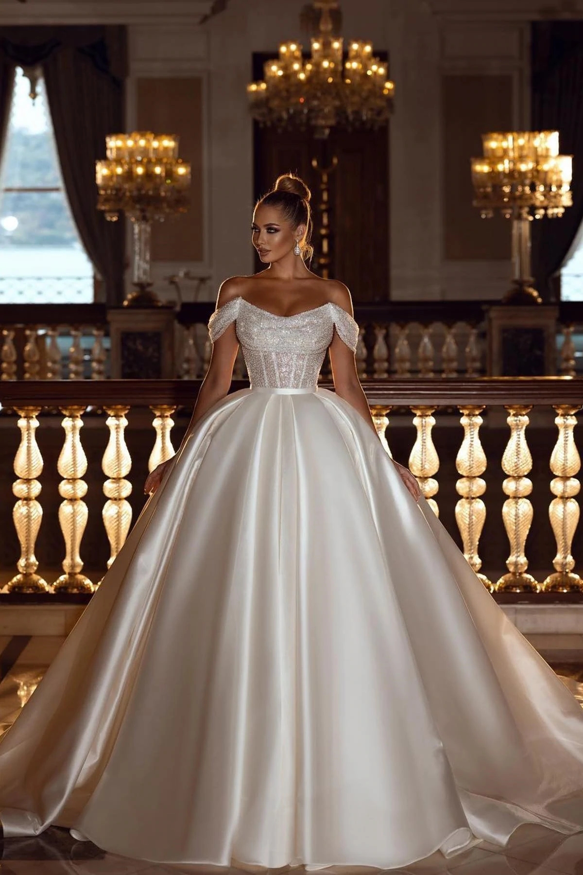 Sparkly Sequins Ball Gown Wedding Dresses With Detachable Satin Train Elegant Off-The-Shoulder Dubai Arabic Modern Bridal Gowns Robe De Soriee Bc12054