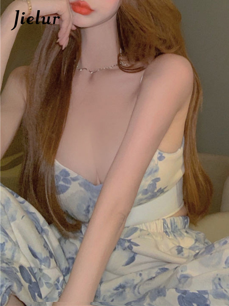 Jielur Sexy Y2K Floral Two Piece Top Pant Set Women Korean Casual High Street Summer Suit Elegant Mini Top Long Wide Leg Pants 220602