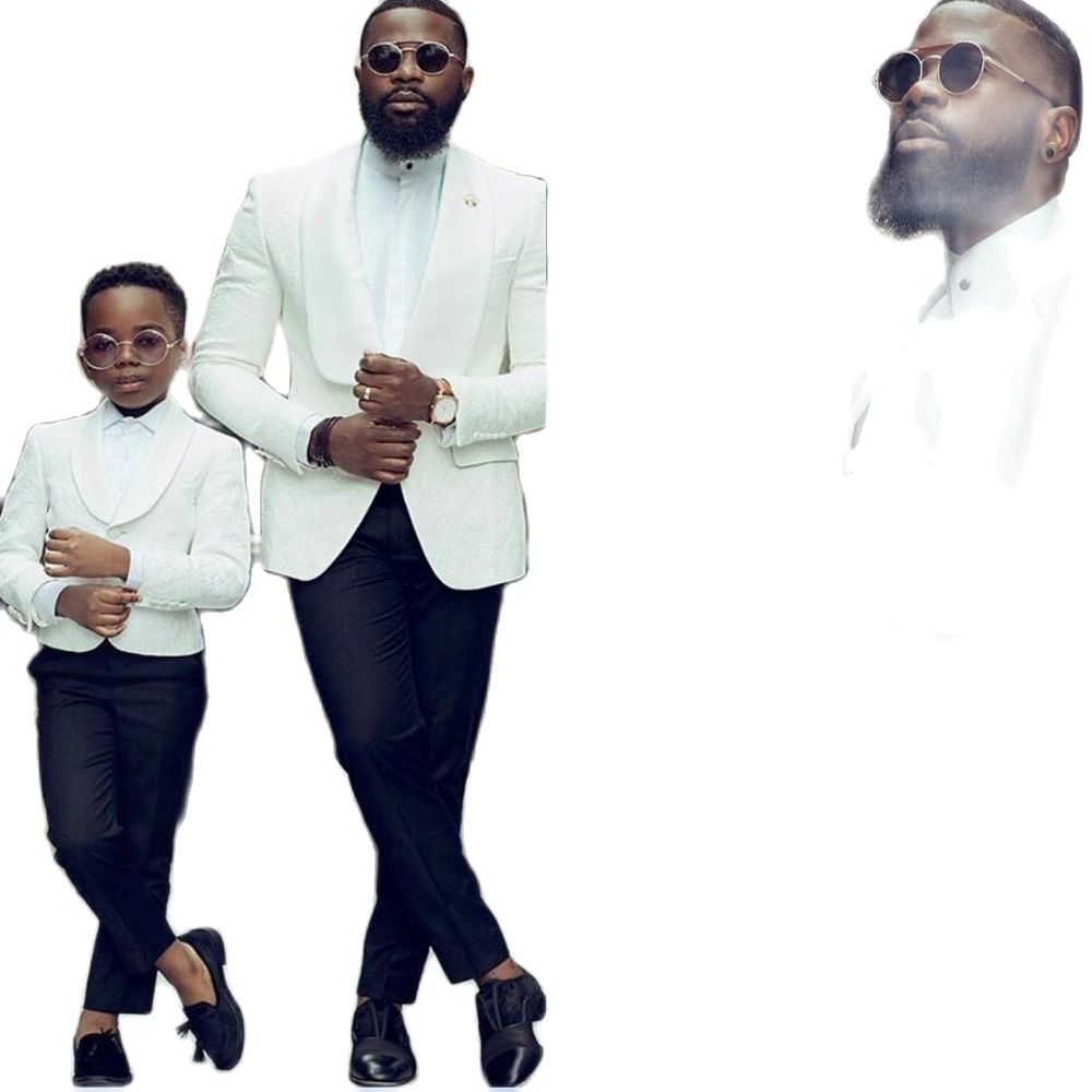 White And Black Boy Father Formal Wear Suits Dinner Tuxedos Shawl Lapel Kids For Wedding Party Evening Suit Birthday 2 Pieces