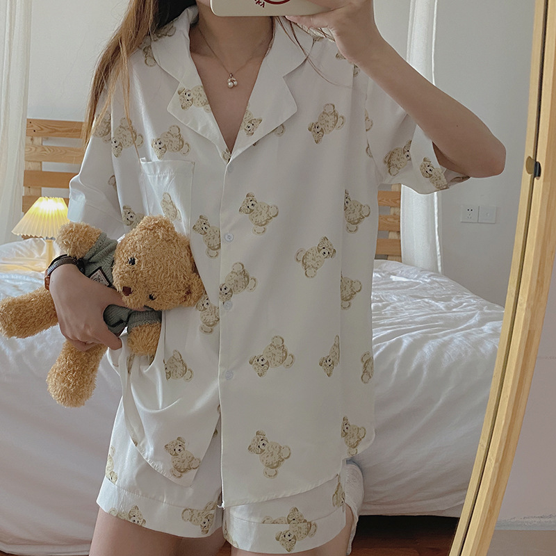 WIKISSPJS Pajamas Women's Cute Sleeve Shorts Kawaii Two Piece Set Summer Loungewear Sleep Tops Bear Cub Cartoon Pjs JP(Origin) 220329