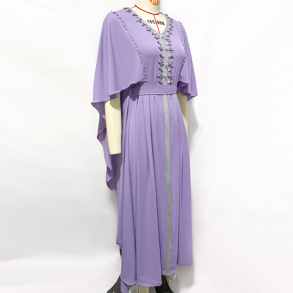 Muslim Lilac Caftan Marocain Evening Dress 2022 With Caped Sleeves Sexy V Neck Abaya Dubai Prom Dresses Elegant Formal Party Vestidos De Robe Midi Abi