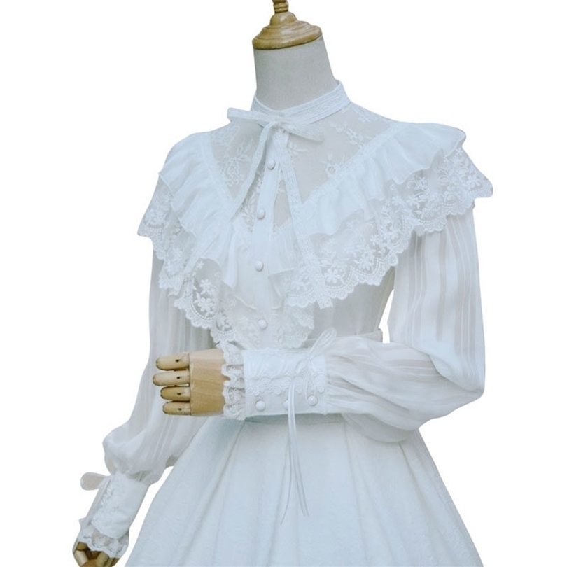 Royal Vintage Illusion Neck Women's Chiffon Blouse Gothic Sheer Long Lantern Sleeve Blouse with Ruffles T200321