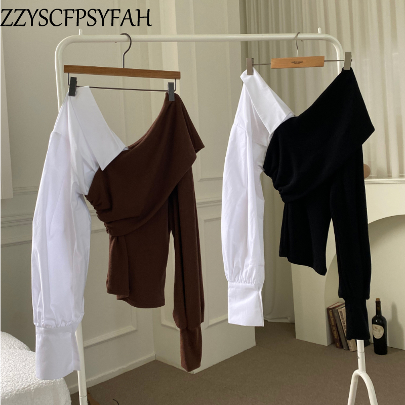 fashion off shoulder top casual Splicing women sexy tops lady beautiful nice woman tshirts female OL Streetwear BAt184 220328