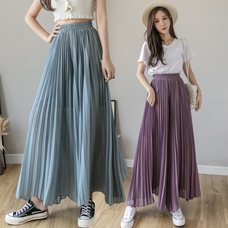 Women Summer Autumn Pleated Loose Pants Fashion Female Chiffon Elastic Waist Skirt Black Blue Wide Leg Femme 220325