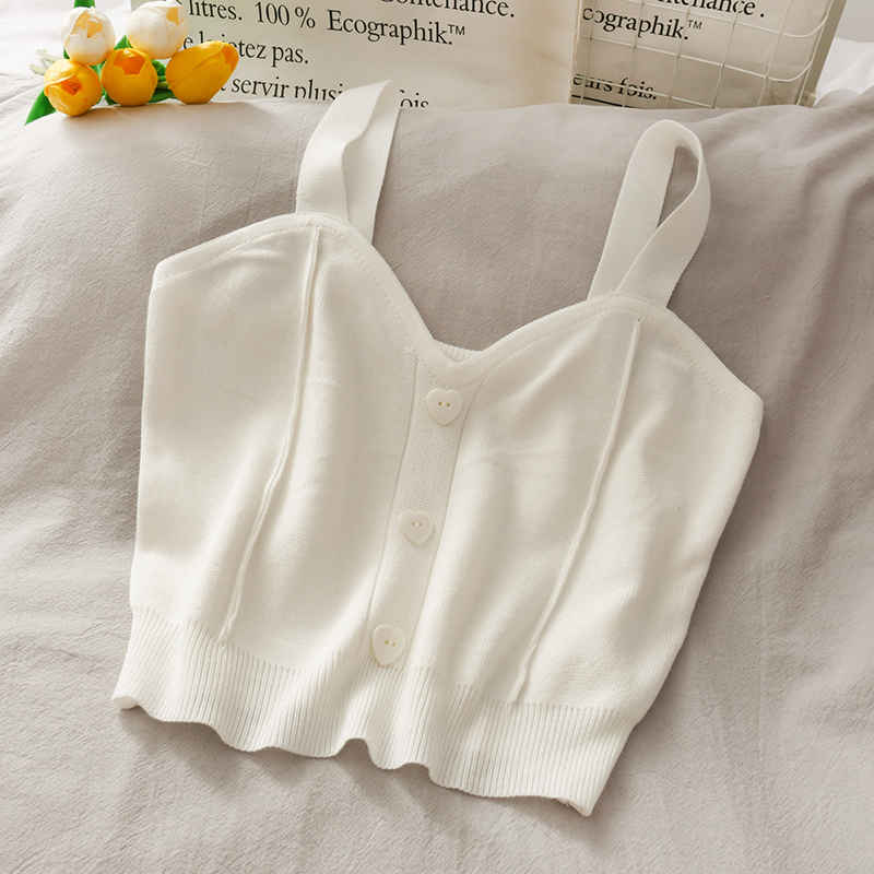 Crop Tops for Women Summer Sweet Button Camisole Slim Knitted Tank Top Cropped Female Solid Camis 220325