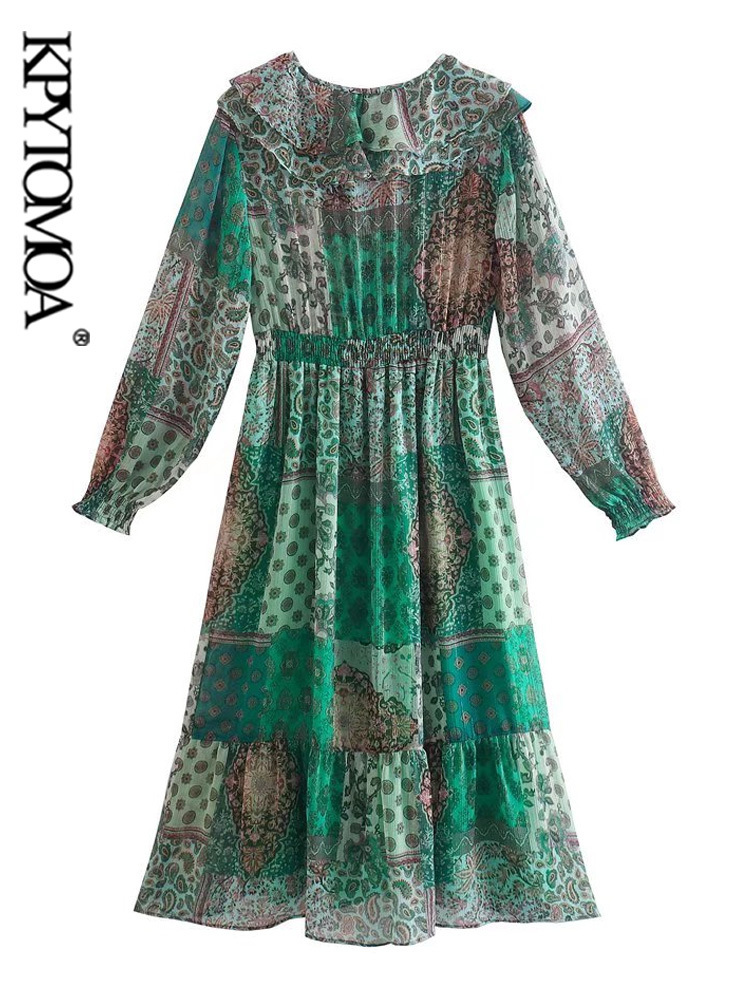 Women Fashion With Ruffles Patchwork Printed Midi Dress Vintage Long Sleeve Elastic Waist Female Dresses Vestidos Mujer 220526