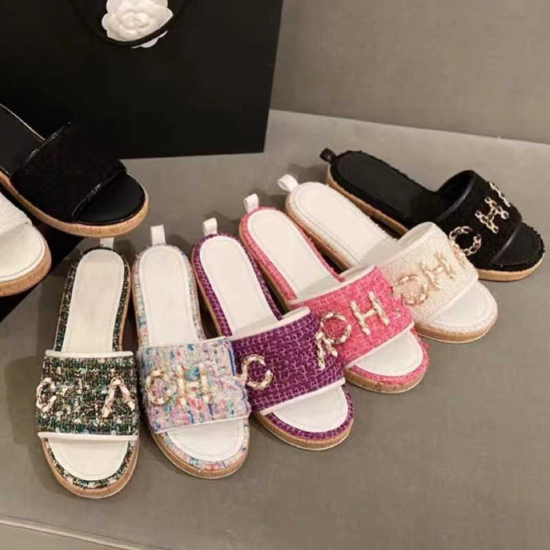 35-41 Sizes Women Tweed Leather Straw Woven Slides Sandals Slip On Wedge Flats Fashion Beach Mule Brand Flip Flops Casual Slides Shoes