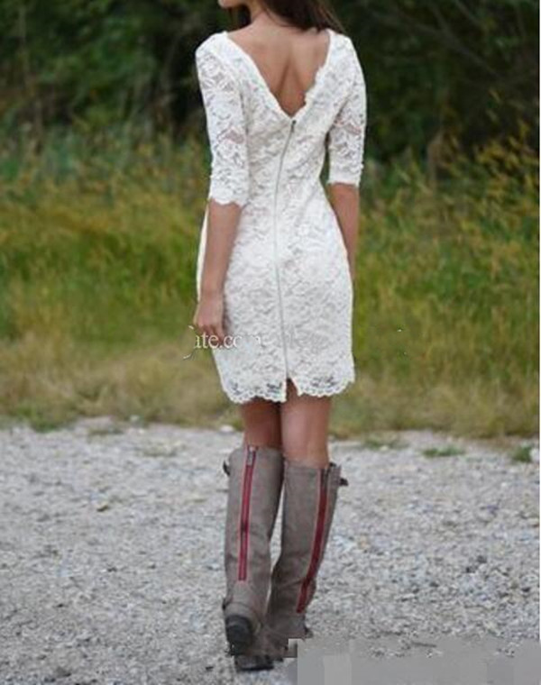 Bohemian Short beach Wedding Dresses with Sleeves Retro Jewel Full lace Knee-length Western Cowgirl Country Wedding Gown