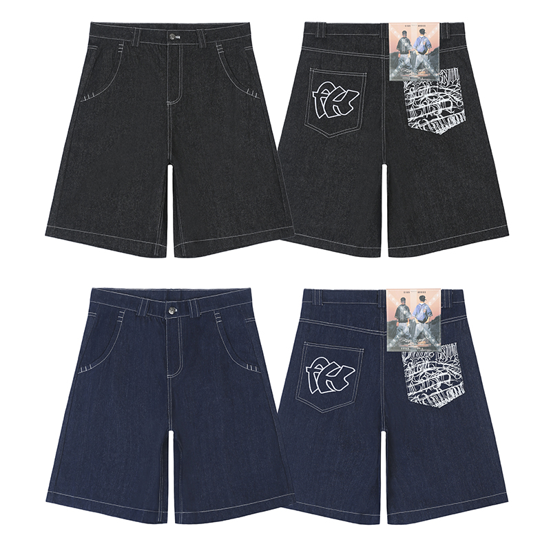 Knee Lenght Pants Oversized Hip Hop Pockets Embroidery Letter Print Jeans Shorts for Men Summer Oversized Wide Leg Denim, Black 
Knee Lenght Pants Oversized Hip Hop Pockets Embroidery Letter Print Jeans Shorts for Men Summer Oversized Wide Leg Denim, Black
