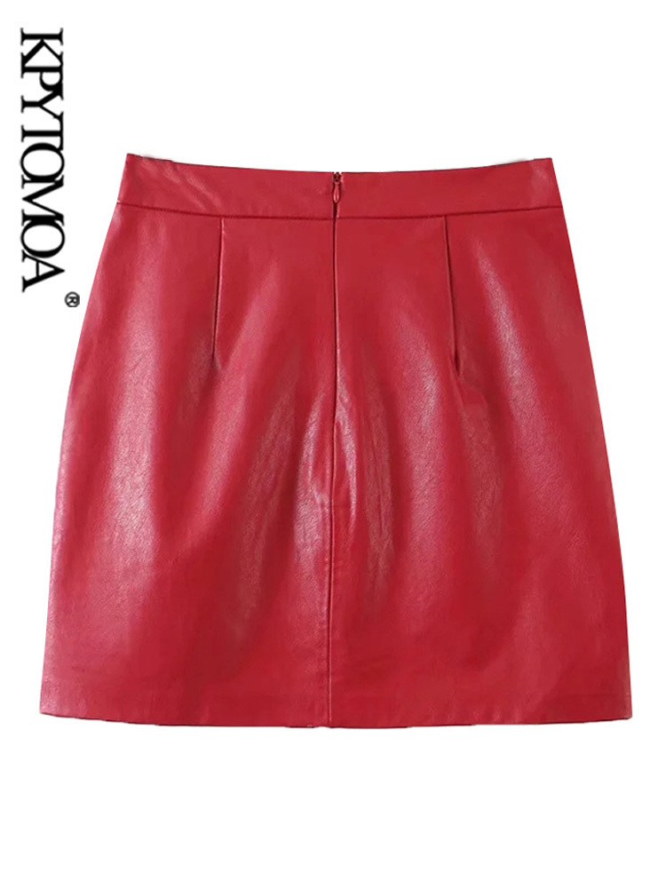 KPYTOMOA Women Chic Fashion Faux Leather Pleated Asymmetrical Mini Skirt Vintage High Waist Back Zipper Female Skirts Mujer 220317