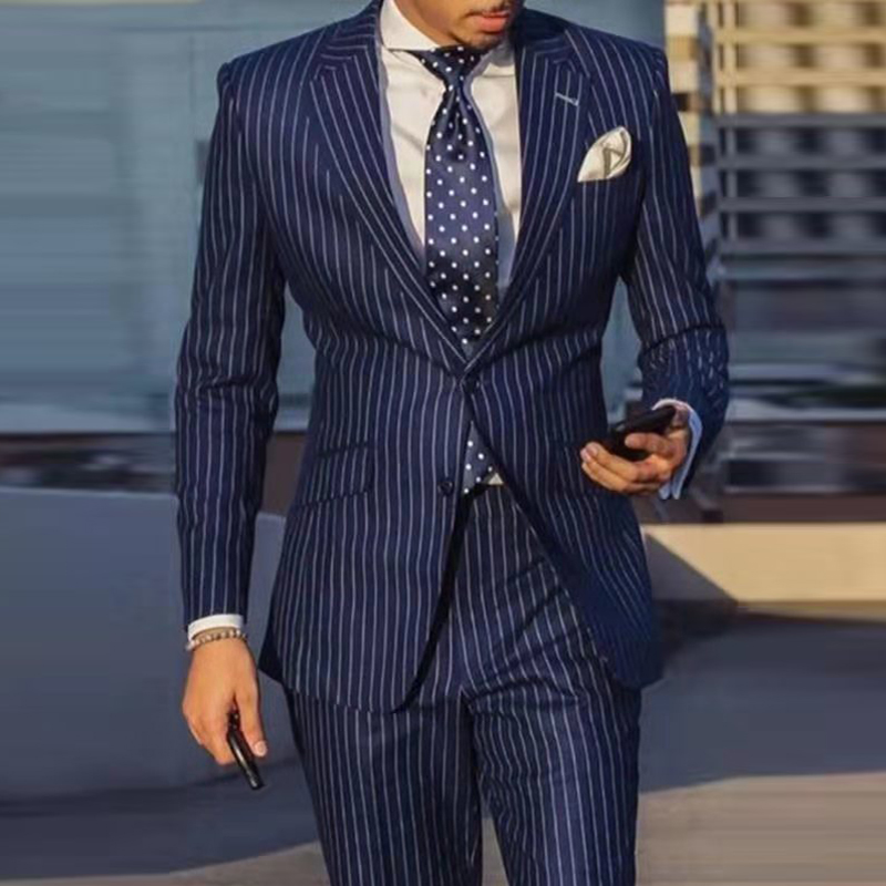 Pinstripe Mens Suits Stylish Wedding Tuxedos Men Casual Suits Blazer Fashion Single Breasted Two Button Groom Wear Peaked Lapel 3 Pieces Slim Fit Prom