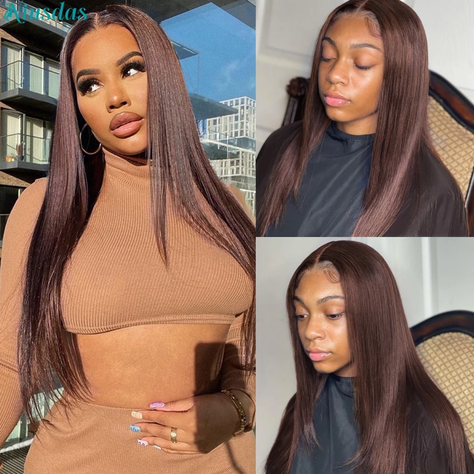 #4 Dark Brown Lace Frontal Wig Human Hair Wigs Brazilian Straight 13x4 Synthetic Closure Wigs For Women
