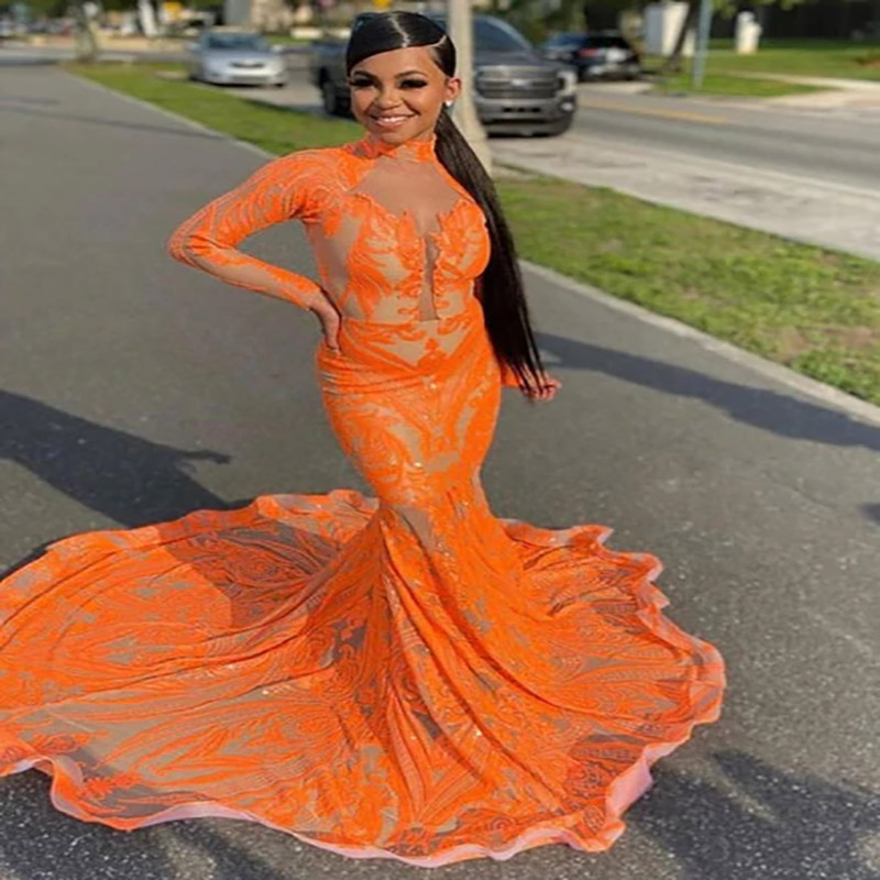 Plus Size Orange Sequin Prom Dress For Black Girl 2022 High Neck Long Sleeve Mermaid Evening Dresses African Nigerian Party Gown Elegant Women Formal 