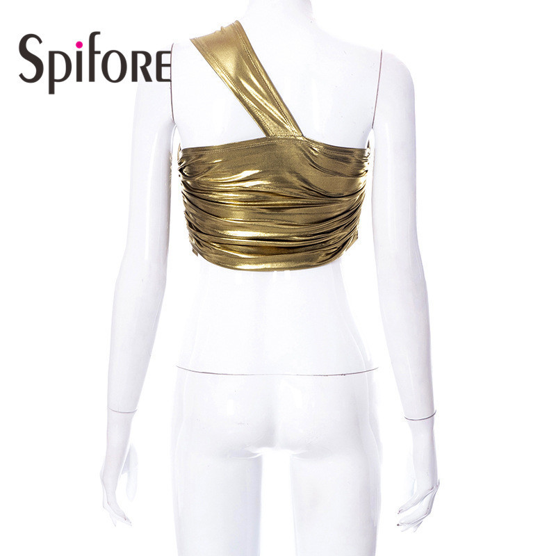 Spifore Summer Ruched Women Gold Crop Top Sexy One Shoulder Wrap Sheath Tank Fashion Party Clubwear Female Shirts 220325