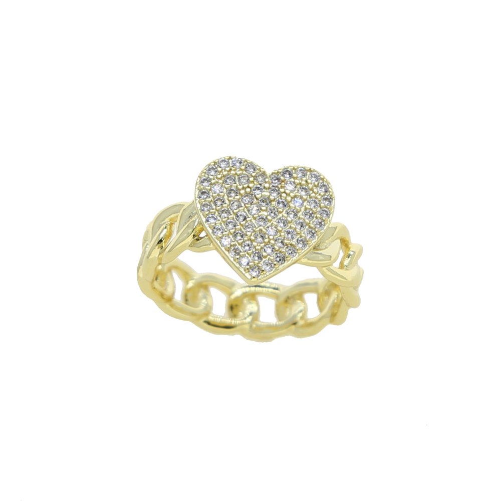 New Arrived Heart Shaped Ring Bling Iced Out Cubic Zirconia Cz Paved Cuban Link Chain Fashion Hip Hop Jewelry for Women