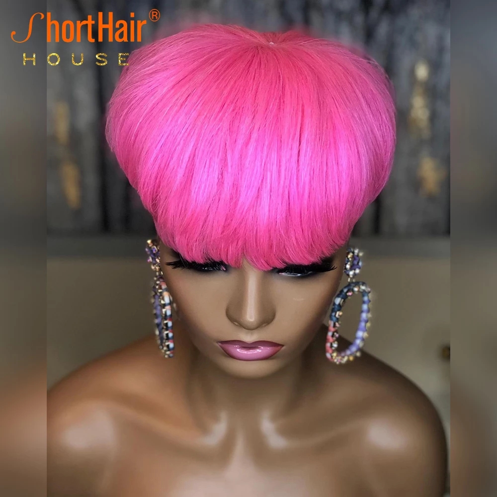 Pixie Short Cut Bob Wig with Bangs Brazilian Straight Wigs 100% Human Hair Wig for Black Women Pink Color Full Machine Made