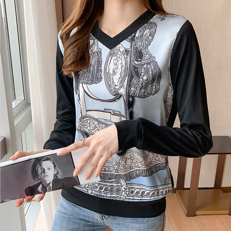 Fashion Women's Tshirt Casual Tops printing T Shirt Basic bottoming shirts Ladies v-neck Long Sleeve Tee 220328