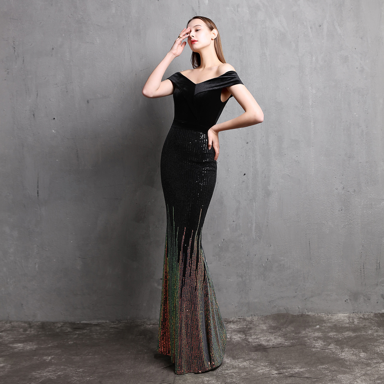 Elegant Mermaid Velvet Evening Dress 2022 Off The Shoulder Colorful Sequin Long Prom Dresses Plus Size Formal Sparkly Women Party Gown Vestidos De Fie