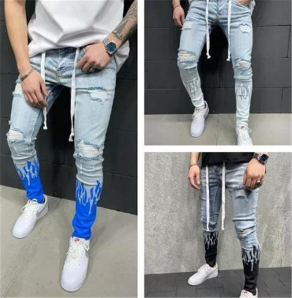 Men's Distressed Denim Cargo Jeans - Flame Colorblock Skinny Fit, Patchwork, Elastic Waist, Spring/Autumn B1