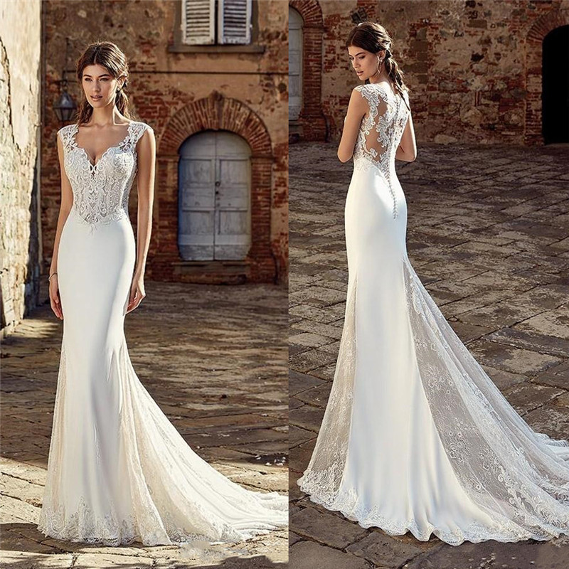 Vintage Lace Appliques Mermaid Wedding Dress Sleeves Sweetheart Floor Length Long Train Backless Sleeveless Simple And Stylish Custom Made Bridal Robe