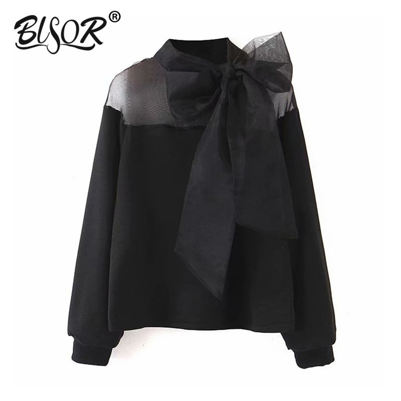 Sweet Organza Patchwork Blouse | Trendy Bow Tie Collar See-Through Top B2