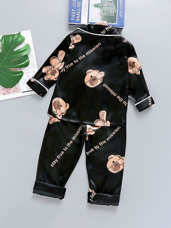 Toddler Boys Bear & Letter Graphic Contrast Piping Satin PJ Set SHE