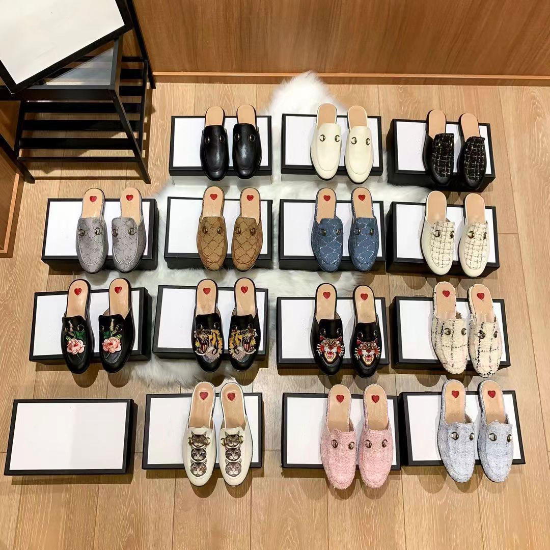 Designer Luxury Mules Slippers Genuine Leather Sandals Women Loafers Princetown Metal Chain Casual Shoe Lace Velvet Slipper With Box Size 36-42