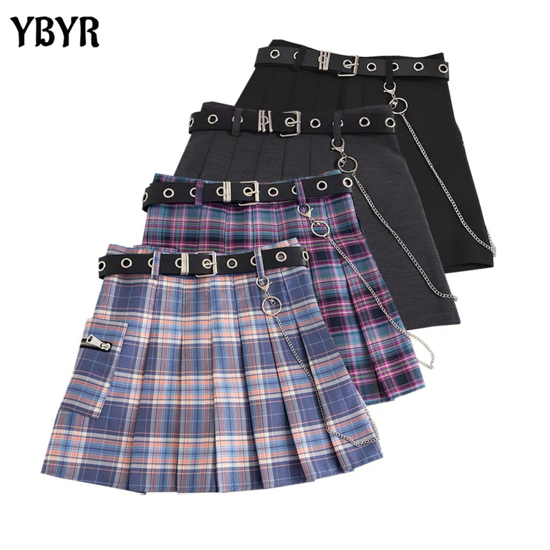 Harajuku Plaid Skirt Women Punk y2k High Waist Mini Tennis Skirts Uniform Chain Pocket A-line Streetwear Vintage Free Belt 220317